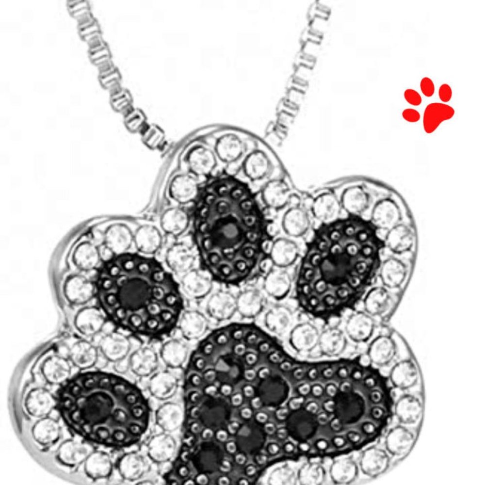Dog Cat Paw Print Bling Silver/Black Rhinestone Necklace Pendant